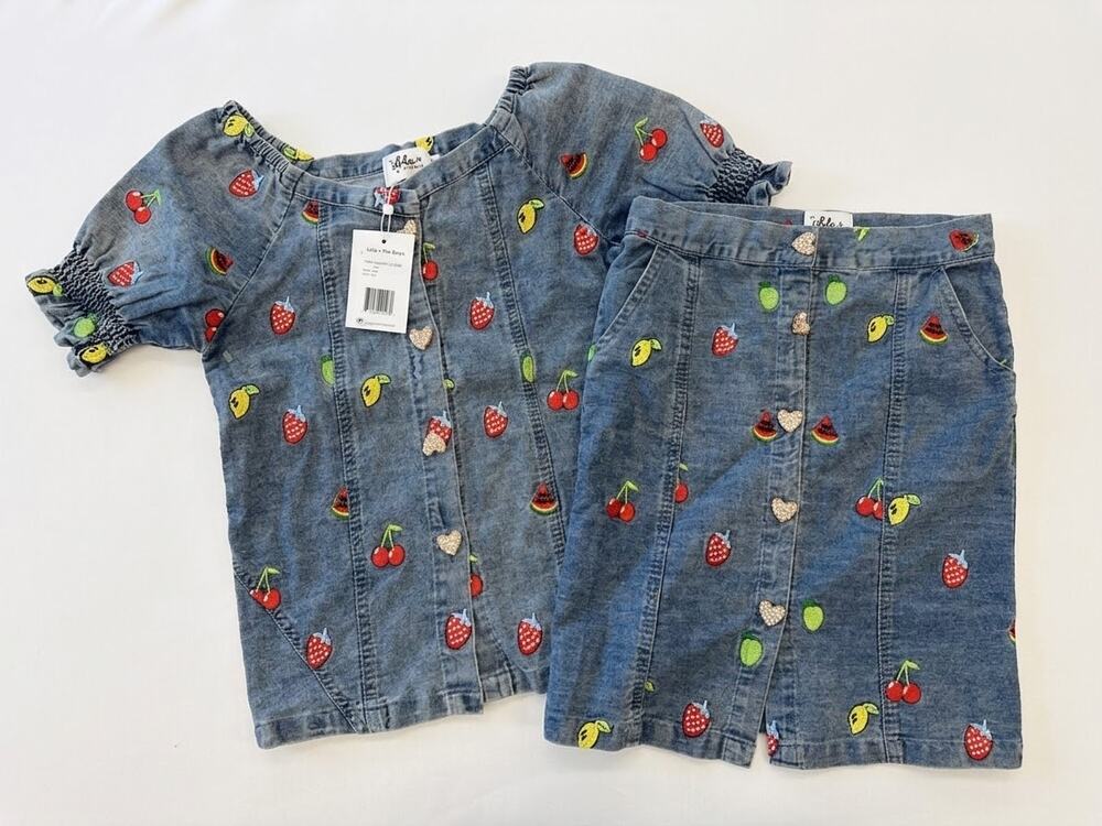 Lola + The Boys NWT Fruit Embroidered Pearl Heart Denim Skirt Set 12